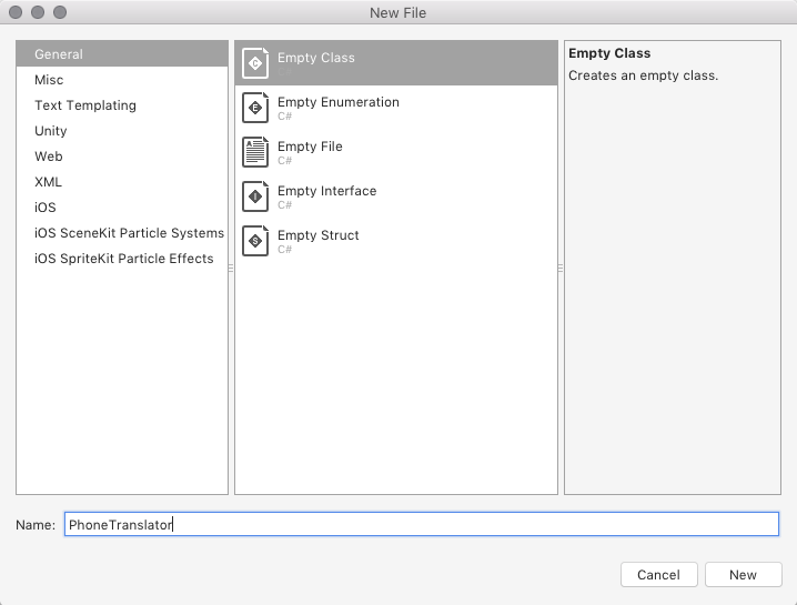 Select Empty Class and name the new file PhoneTranslator