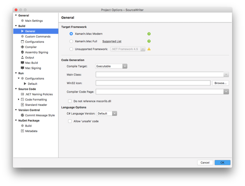 Using the Project Options window to choose a target framework