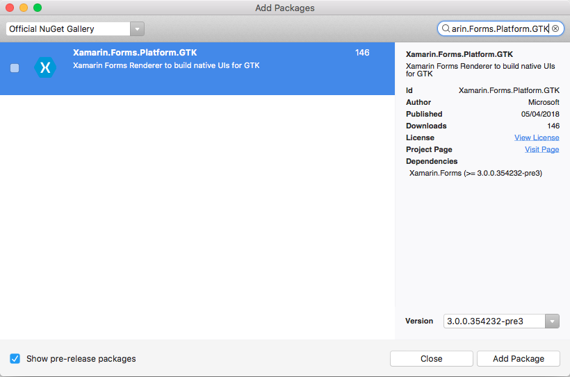 Select the Xamarin.Forms.Platform.GTK NuGet package