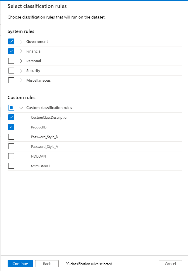 Screenshot that shows the option to select relevant classification rules when you create the custom scan rule set.