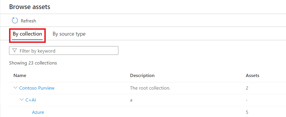 Screenshot of the asset Microsoft Purview governance portal window with the by collection tab selected.