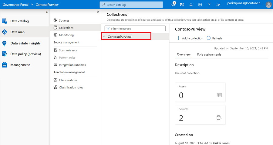 Screenshot of Microsoft Purview governance portal window, opened to the Data Map, with the root collection highlighted.