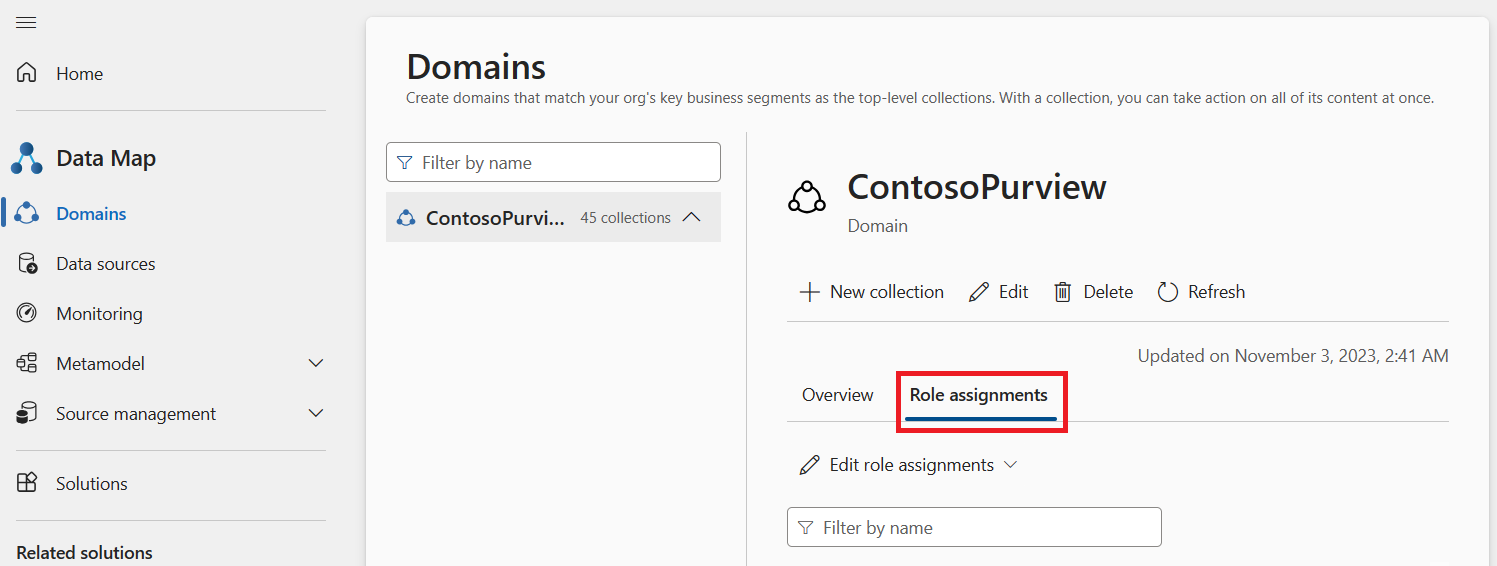 Screenshot of the default domain details page with the Role assignments tab selected.