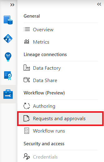 Screenshot showing management center navigation table with the requests and approvals button highlighted.