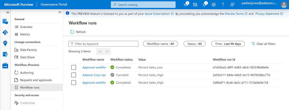 Screenshot of the workflow runs page, showing a list of all workflow runs, their status, and their run IDs.