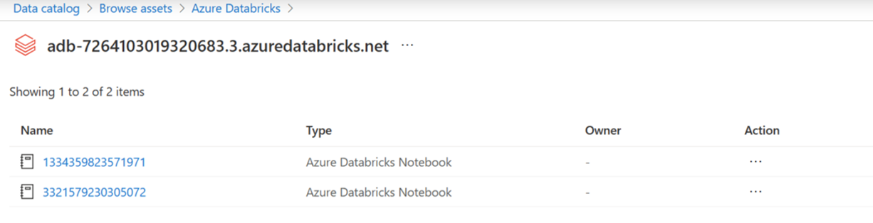 Screenshot of browsing notebooks present in the associated Azure Databricks Unity Catalog workspace asset.