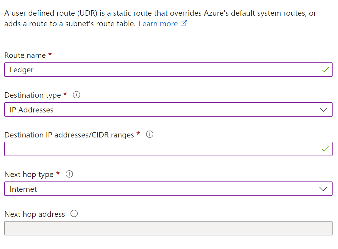 Screenshot of adding a route for the VNET to the ledger.