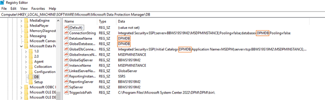 Screenshot showing registry editor that reflects the database name.