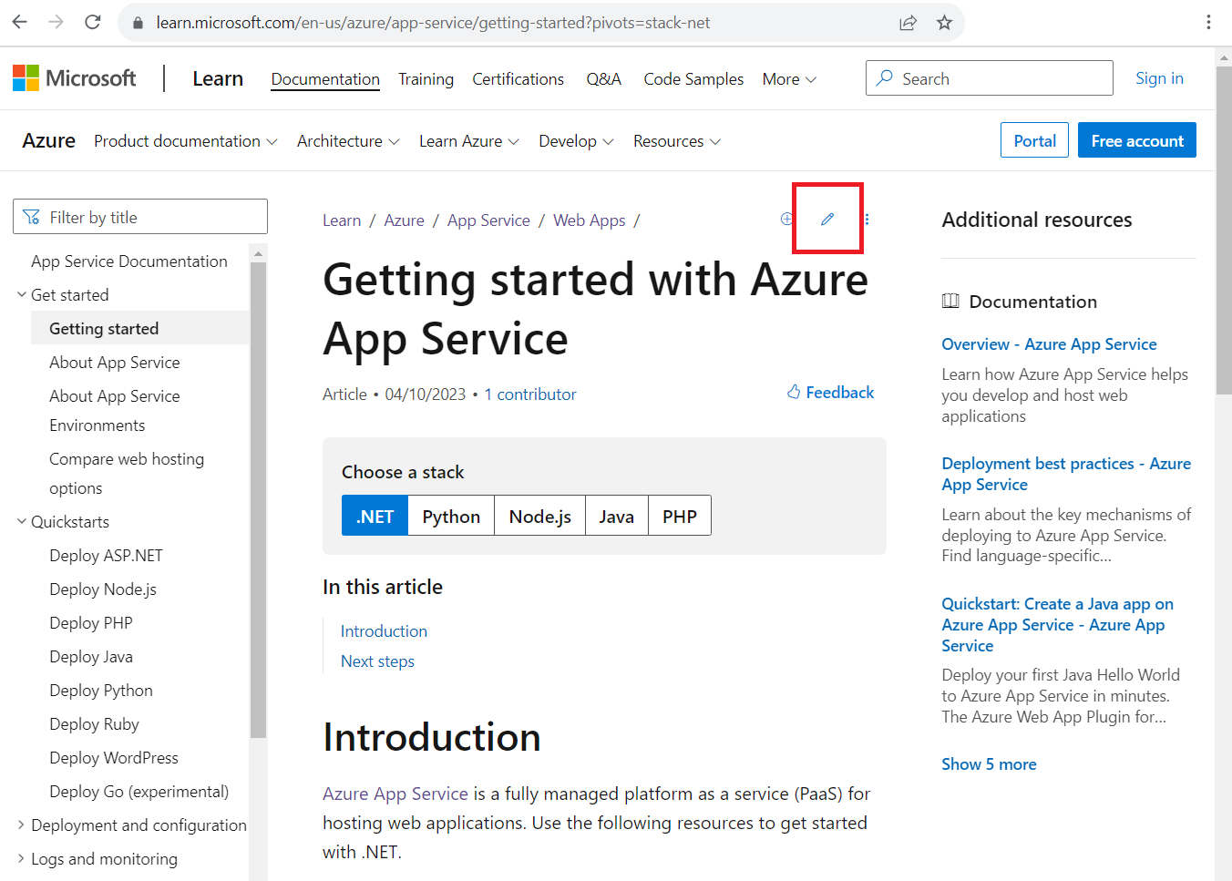 สกรีนช็อตของบทความเอกสาร Microsoft Learn ที่มีไอคอนแก้ไขดินสอที่เน้น