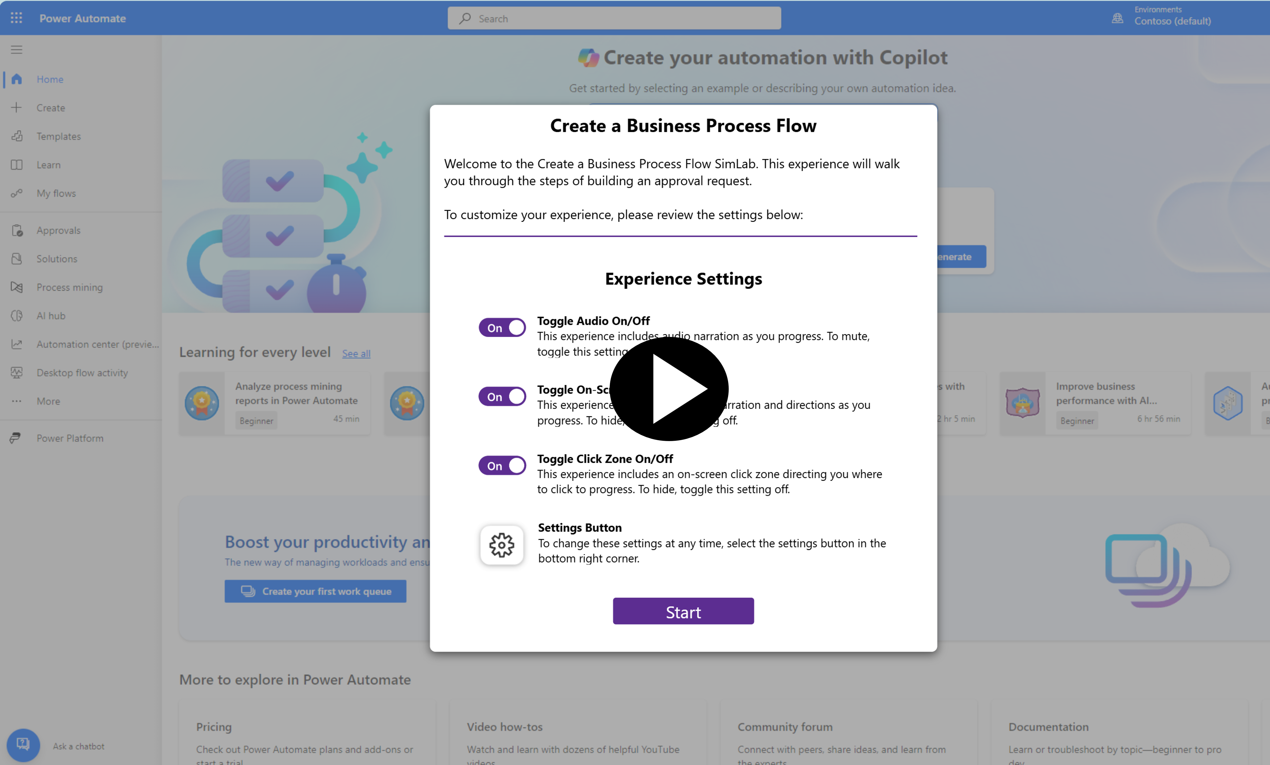 Screenshot of the simulation page, business process flow.