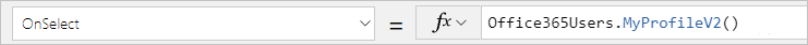 Screenshot of a button with Office365Users.MyProfile() as the OnSelect property.