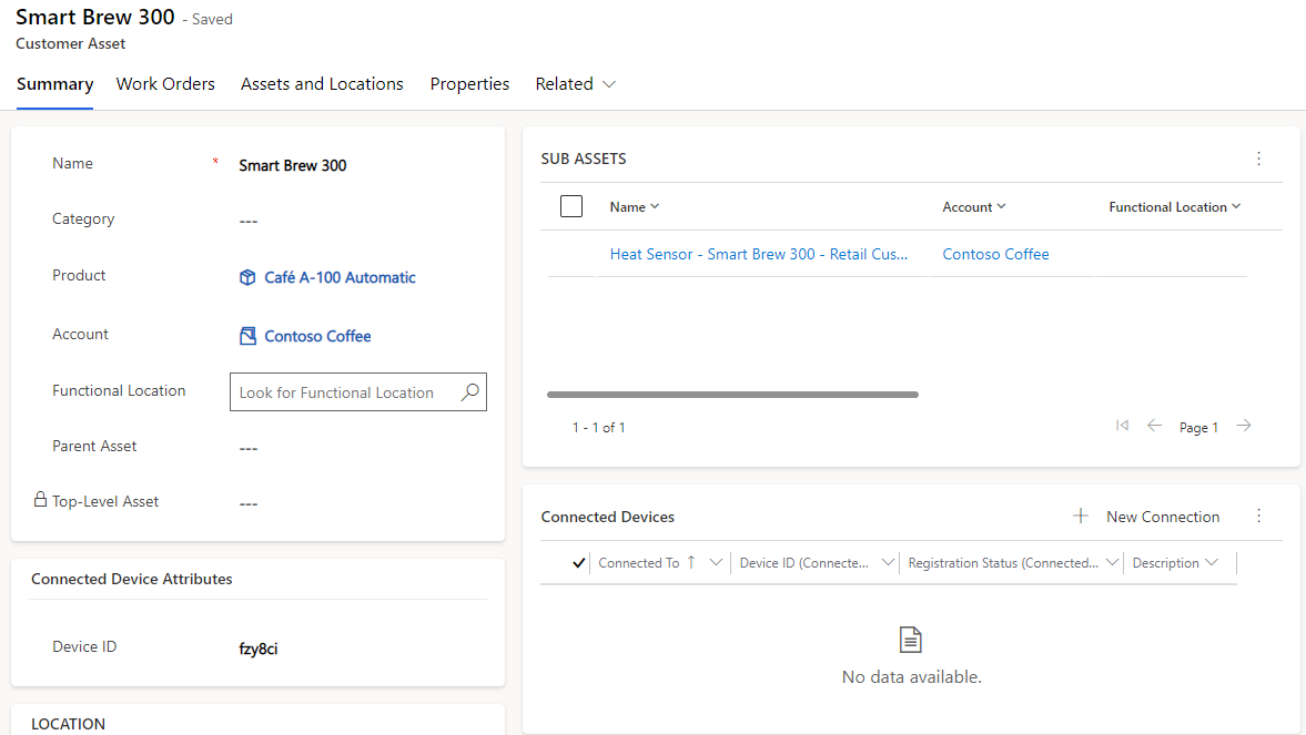 Screenshot of a sample Customer Asset entered into Dynamics 365 Field Service.