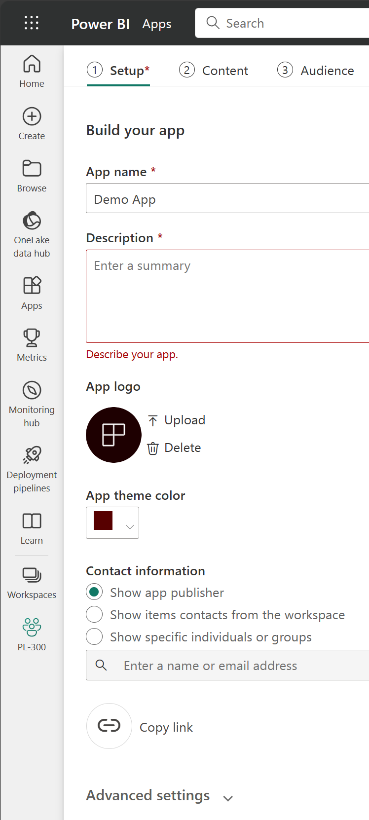 สกรีนช็อตของการกําหนดค่าแอปในพื้นที่ทํางาน Power BI