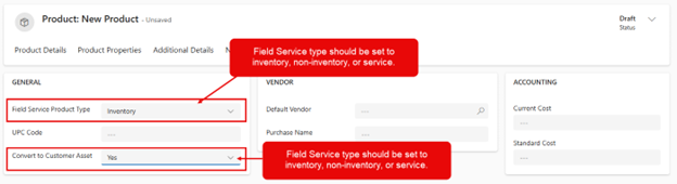 Screenshot of Field Service product type.