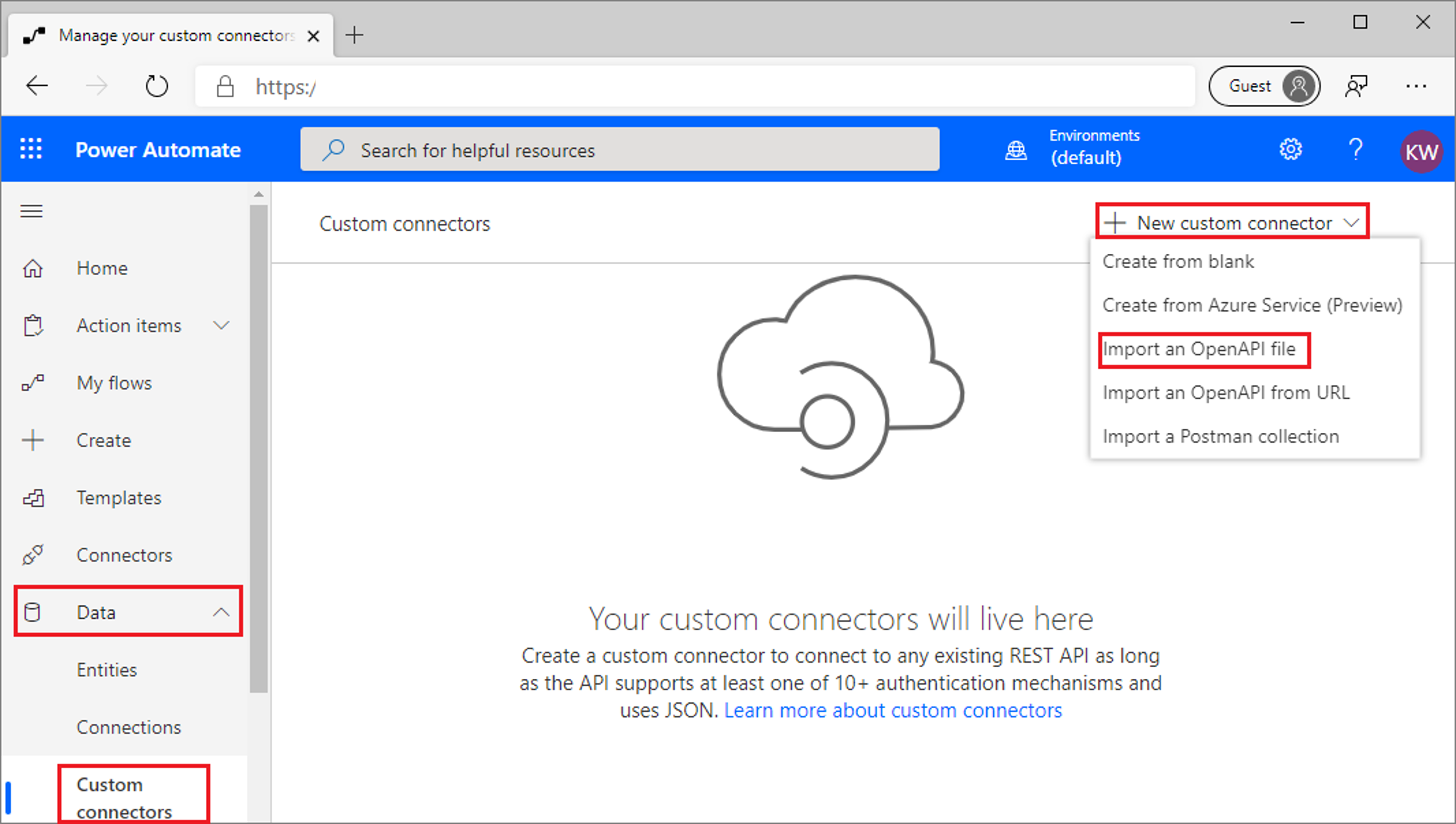 Screenshot of the Power Automate Data > Custom connectors page with the New custom connector menu expanded and Import an Open A P I file highlighted.