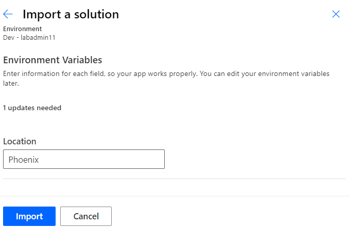 Screenshot of the Import a solution dialog with Phoenix entered as the Location.