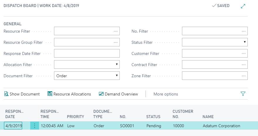 Screenshot of the Dispatch Board page in Business Central.