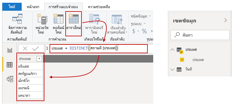 สกรีนช็อตของปุ่ม ตารางใหม่ และตารางผลลัพธ์