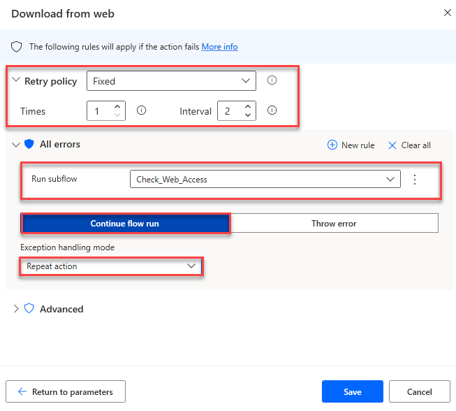 Screenshot of the error handling options of the Download from web action.