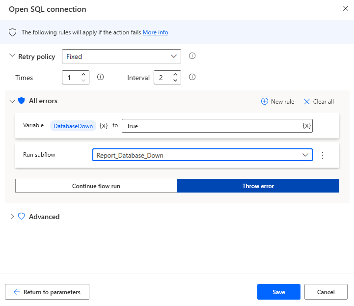 The populated Exception Handling tab in the Open SQL Connection action's properties.