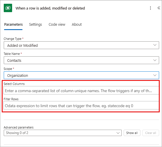 Screenshot of the connector with filters on the trigger.