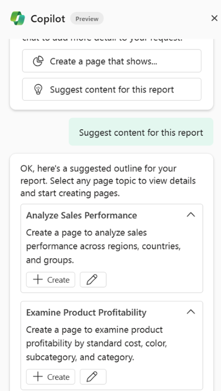 สกรีนช็อตของบานหน้าต่าง Copilot ที่มีข้อความเริ่มต้นเพื่อแนะนําเนื้อหาสําหรับรายงานนี้ได้รับพร้อมท์ตัวเลือกหัวข้อต่าง ๆ มากมายแล้ว
