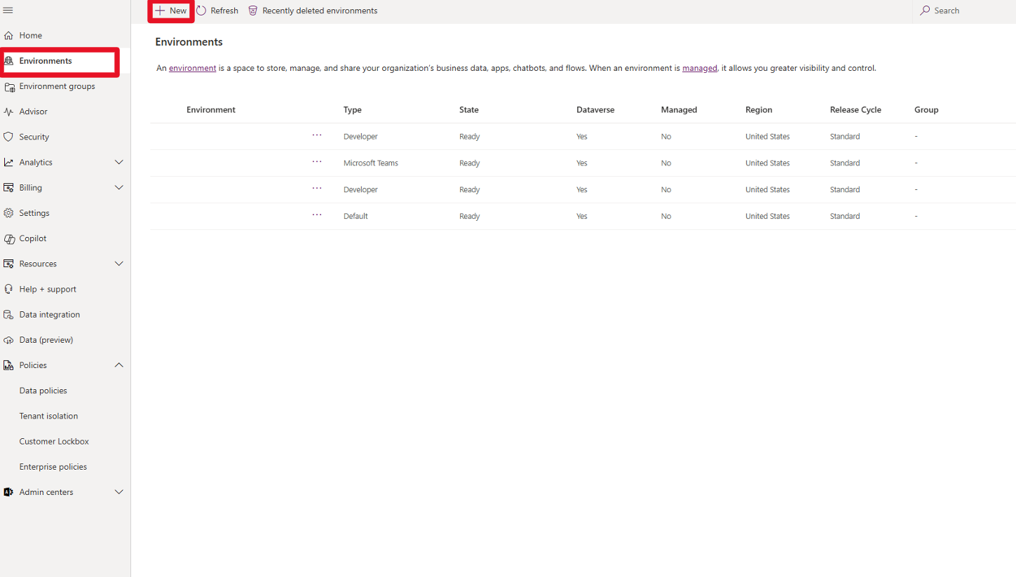 Screenshot of Microsoft Power Platform Admin center with the New button highlighted.