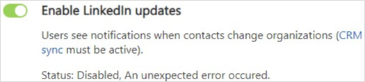 Screenshot of the error in enabling LinkedIn updates.