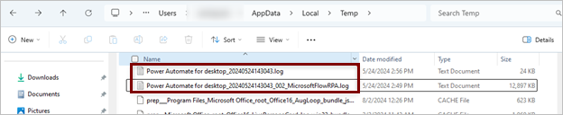 Screenshot of the Power automate for desktop installer logs.