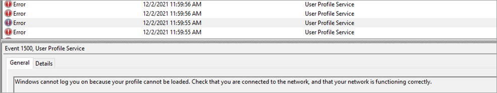 Screenshot that shows the Windows can't log you on because your profile can't be loaded error.