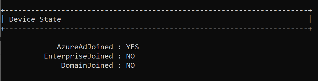 Screenshot of the device state in the command prompt when running dsregcmd /status.