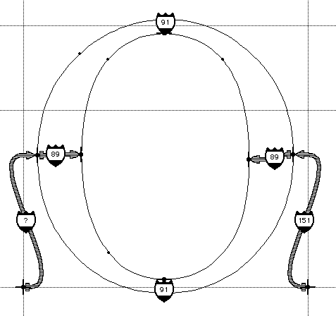 Screenshot showing an outline of capital O. Arrows with badges indicate control point links that have associated CVTs.