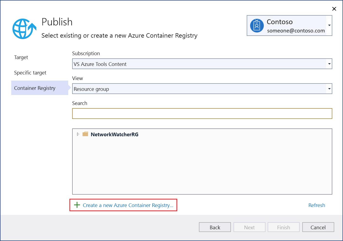 Screenshot of the Publish dialog that shows how to choose Create New Azure container registry.