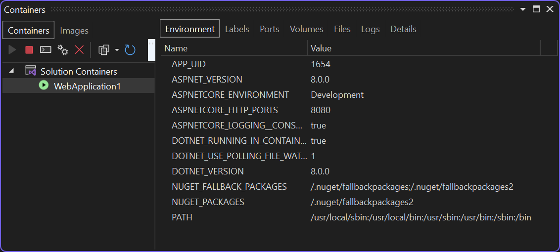 Screenshot of Containers window.