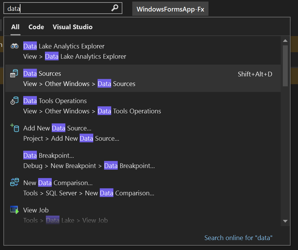 Screenshot of Data Sources in search box