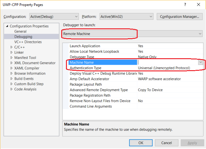 C++ project properties for remote debugging