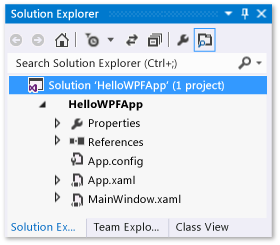 Screenshot of the Solution Explorer window showing the Properties, References, and files in the HelloWPF app.