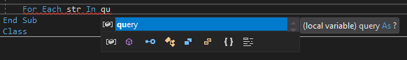 Screenshot of the IntelliSense word completion window for the word 'query' in the Visual Studio code editor.