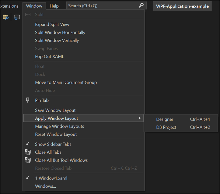 Screenshot of the Apply Window Layout menu.