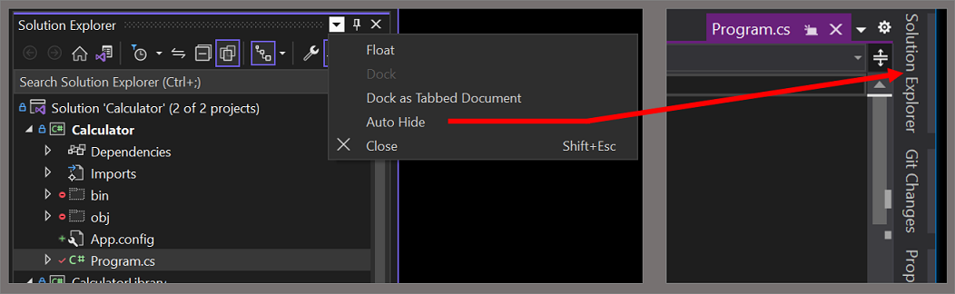 Set of two screenshots that show the Auto Hide menu item and the associated set of tabbed tool windows that appear when Auto Hide is selected.