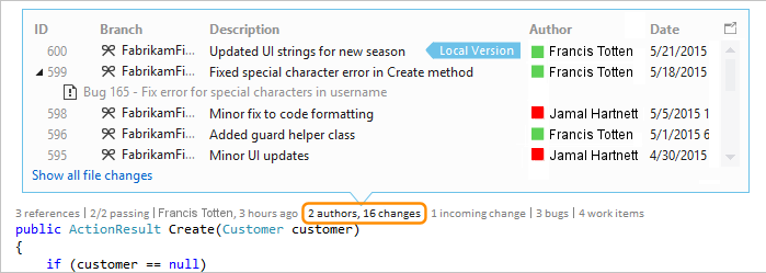 Screenshot that shows the change history data for your code in CodeLens for Visual Studio 2019.