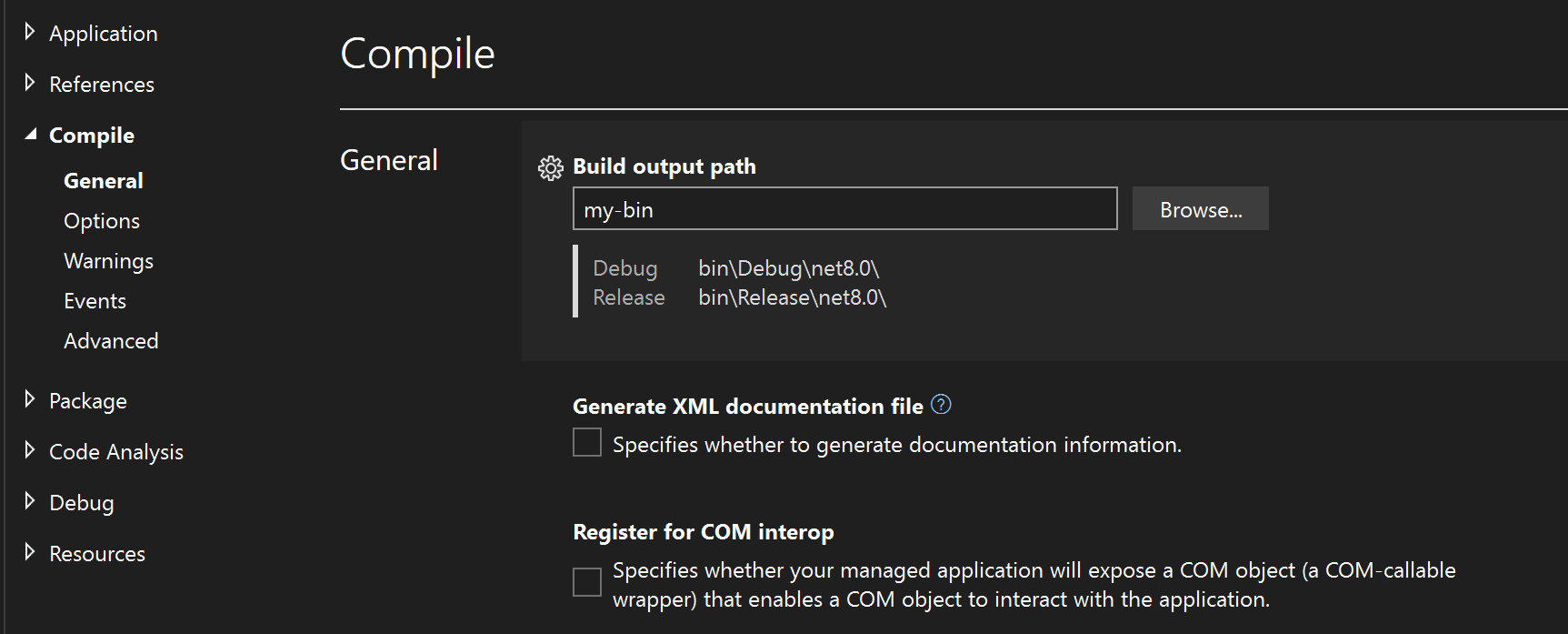 Screenshot that shows the Output path property for a .NET Core Visual Basic project.