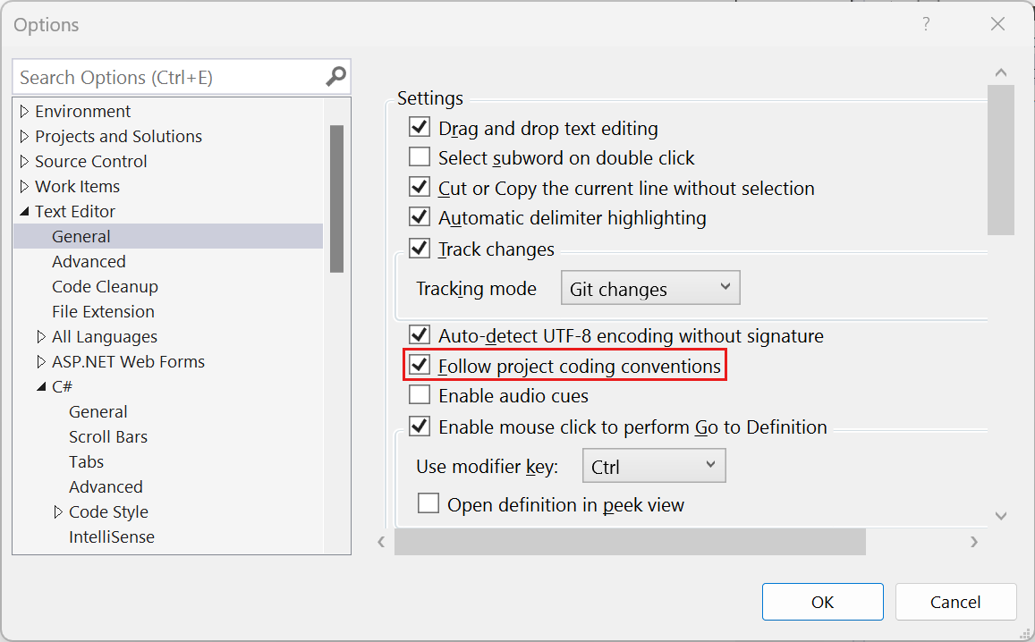 Screenshot that shows the setting for Follow project coding conventions.