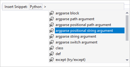 Screenshot that shows how to select a code snippet through the Insert Code Snippet command.