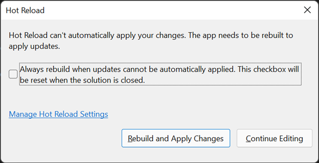 New Rude Edit dialog for Hot Reload in Visual Studio 2022