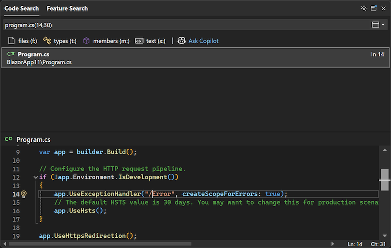 Example showing navigation to file, line, and column