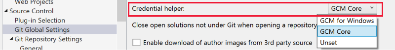 Screenshot showing the credential helper setting in the Options dialog box.