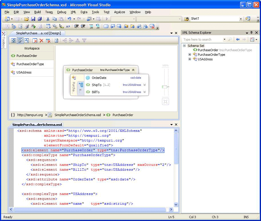 Screenshot of a Visual Studio project showing the View Designer pane, the XML Editor pane, and the XML Schema Explorer pane.