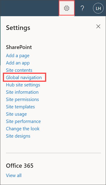 Screenshot of the global navigation option in the settings panel.