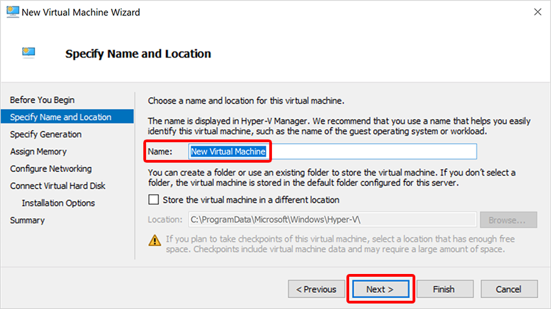 Screenshot of Hyper-V specify name